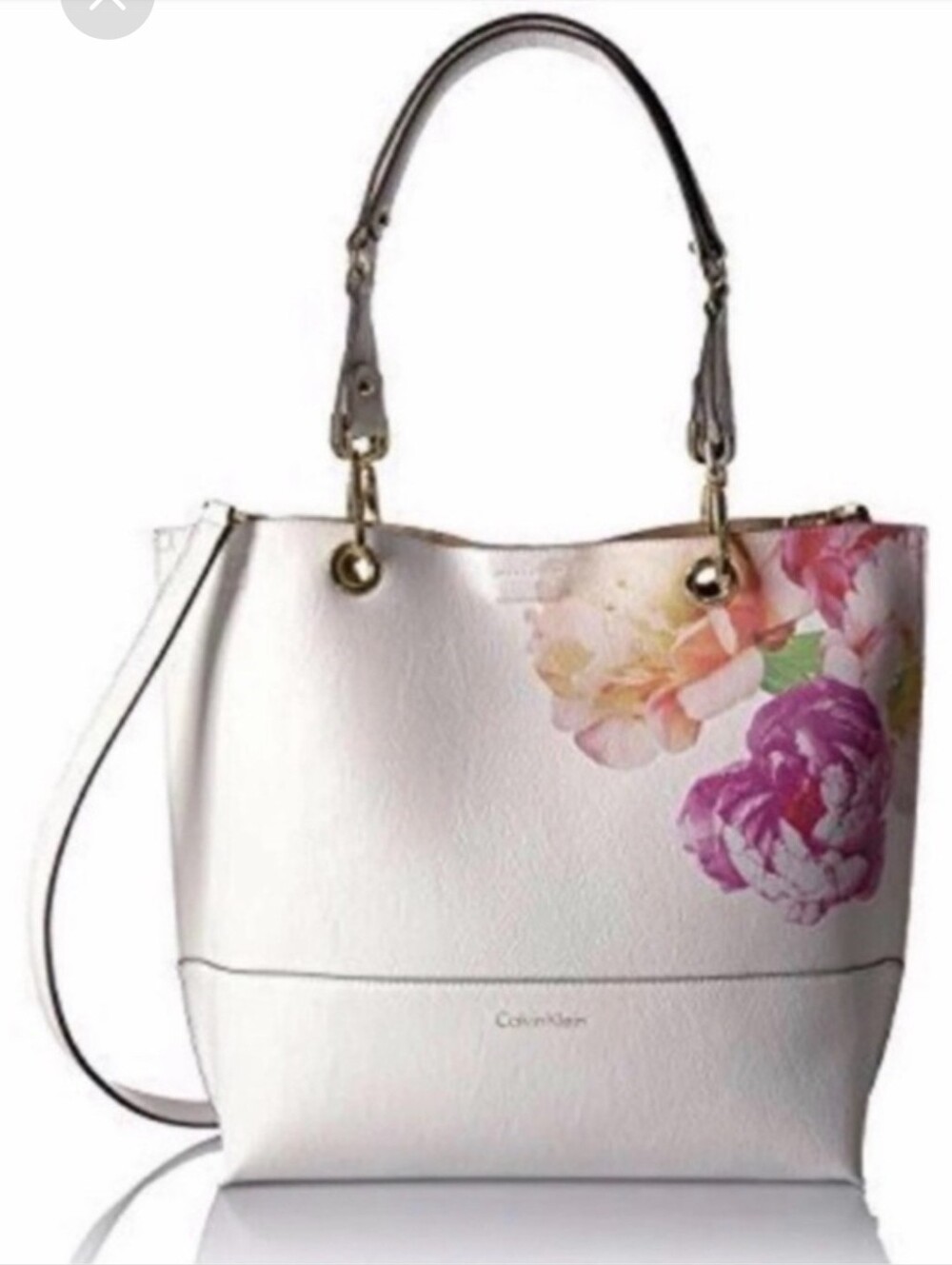 Calvin Klein White With Peonies Reversible Sonoma Tote White Tan On Reverse NWOT